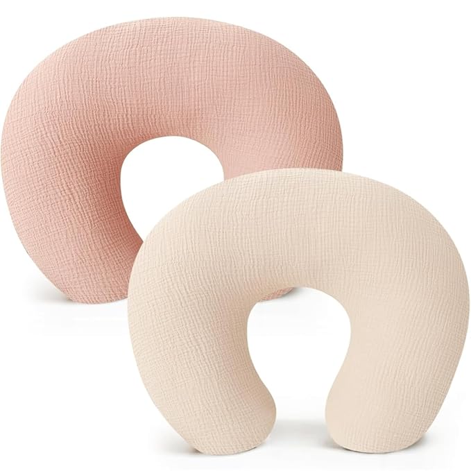 2 Pack Newborn Muslin Nursing Pillow Covers Soft Nursing Cover for Breastfeeding Pillow Slipcover for Baby Girls Boys (Cream+Pink)