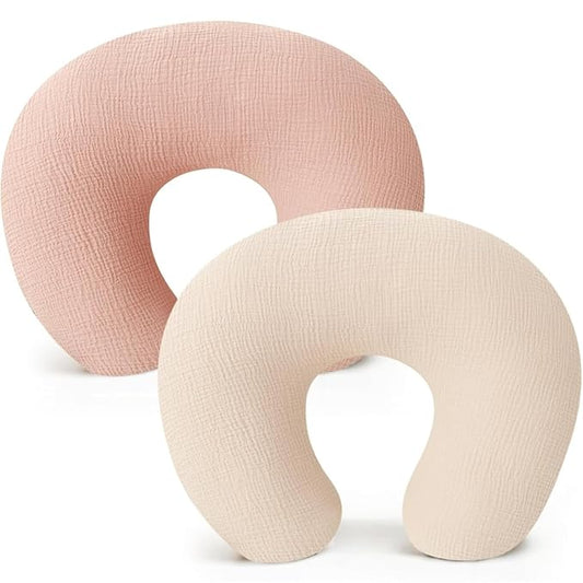 2 Pack Newborn Muslin Nursing Pillow Covers Soft Nursing Cover for Breastfeeding Pillow Slipcover for Baby Girls Boys (Cream+Pink)