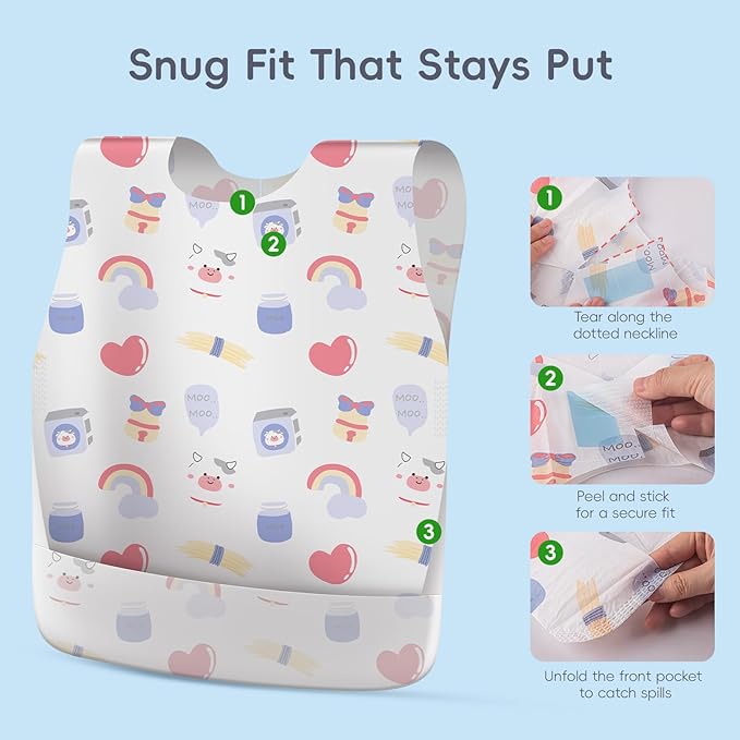 KIIS Disposable Baby Bibs, Waterproof Smock Bibs, Full Coverage for Toddlers & Kids, Mess-Free Feeding for Travel & Daycare