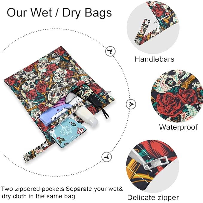 visesunny Sugar Skull Red Rose Day of Dead 2Pcs Wet Bag with Zippered Pockets Washable Reusable Roomy for Travel,Beach,Pool,Daycare,Stroller,Diapers,Dirty Gym Clothes, Wet Swimsuits, Toiletries