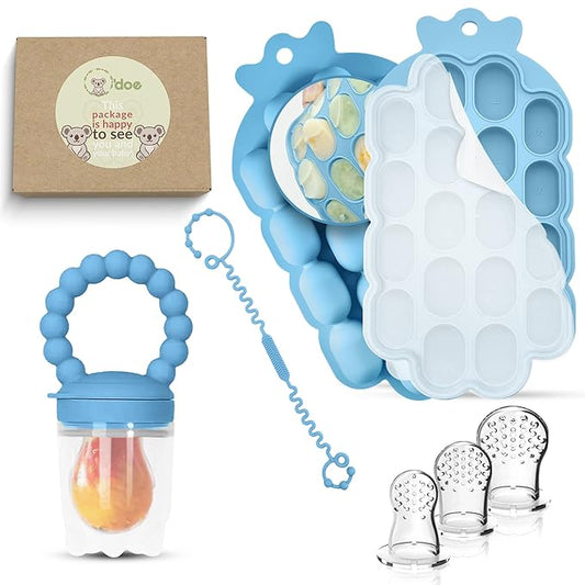 O’doe Baby Popsicle Molds Teething Set (18-Hole) - Fruit Pacifier Feeder with 1 Clip, 1-Pack Freezer Tray with Lid and 6 Extra Pacifiers, Teething Popsicle Mold BPA-Free