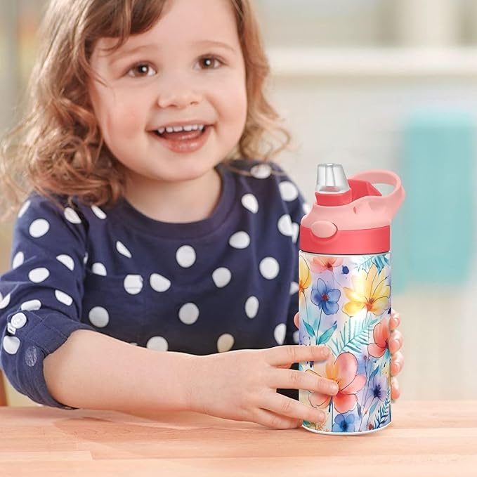 Cute Flowers Girls Water Bottle with Straw and Carry Handle Rainbow Pink Green Purple Vacuum Insulated Stainless Steel Bottles Leak-Proof for Boys Kids Toddler 12 oz Pink Lid