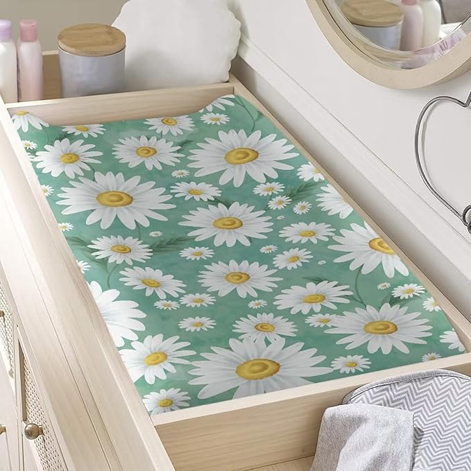 Daisy Flower Changing Pad Cover Waterproof Cozy Table Sheets Stain Resistant Stretchy Breathable Nursery Pad Change Cover