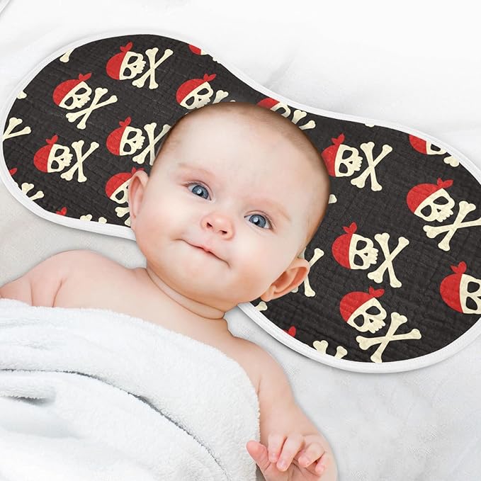 Muslin Burp Cloths for Baby Boys and Girls - 4-Pack Ultra Absorbent Pirate Skull Muslin Washcloths, Newborn Towel, Milk Spit Up Rags, Burp Cloth Bib for Unisex, 22 x 11 Inch
