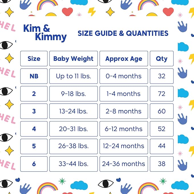 Kim & Kimmy Eco Diapers, New Born, Up to 11 lbs, 32 Diapers - 12 Hour Leak Protection, No Rashes, Hypoallergenic - Cruelty Free & Vegan - Funny Icons