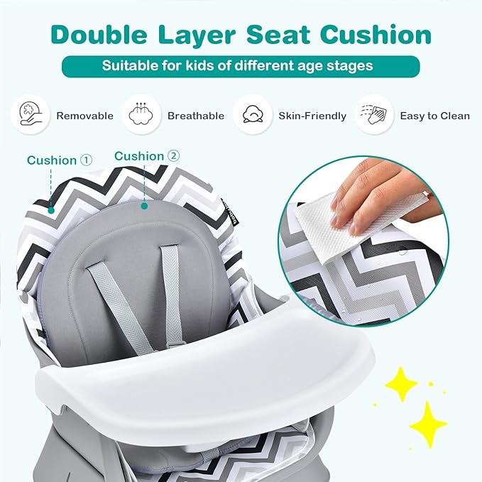 KOTEK Baby High Chair, 8 in 1 Convertible Highchairs for Babies and Toddlers, Building Block Table, Booster Seat, Toddler Chair with Removable Tray, Safety Harness, Dual Cushions (Chevron)