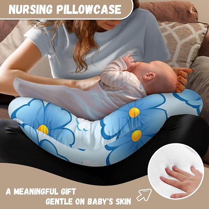 Nursing Pillow Cover Stretchy and Soft Nursing Cover for Breastfeeding Pillows Pillow Slipcover for Baby Girls Boys Newborn Cartoon Flower Blue