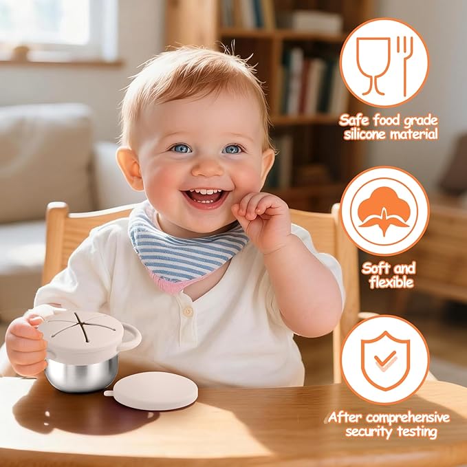 Mity rain Stainless Steel Snack Containers for Toddlers with Spill-Proof Silicone Lids Handles - 3-in-1 Baby Snack Cups, No-Spill Toddler Snack Box (Orange+Beige, Two piece set)