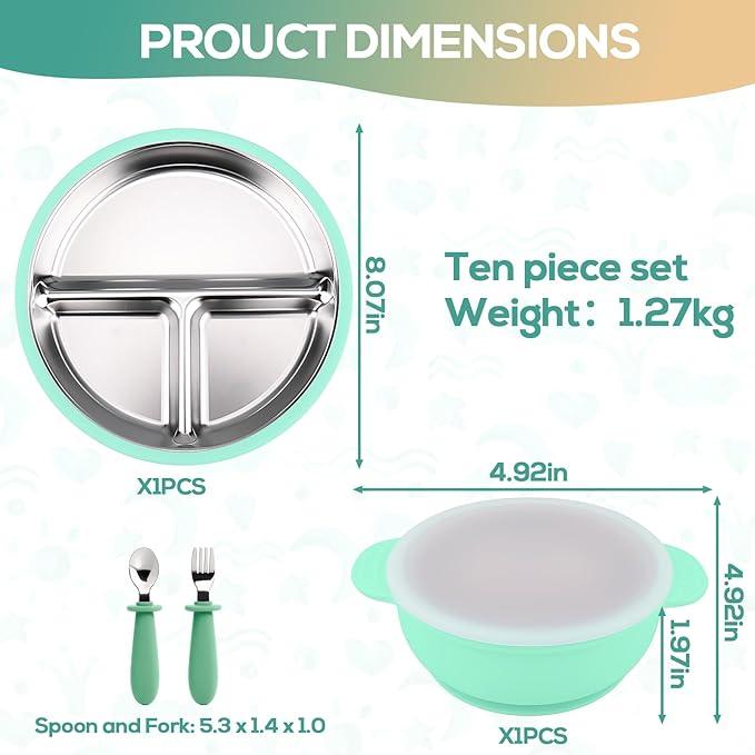 Mity rain Stainless Steel & Silicone Toddler Plates and Bowls Set with Suction,5-Piece Suction Plates & Bowls for Toddler,Removable Shell,Silicones Baby Plates for Independent Eating(Light Green)
