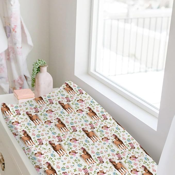 Baby Girls Changing Pad Covers Western Cowgirl Pony Floral, Horse Pink Flower Hat Boot Safe Snug Fitted Diaper Table Sheet, Soft Breathable Stretchy Change Mat Shower Gift Fit 32 34 x 16