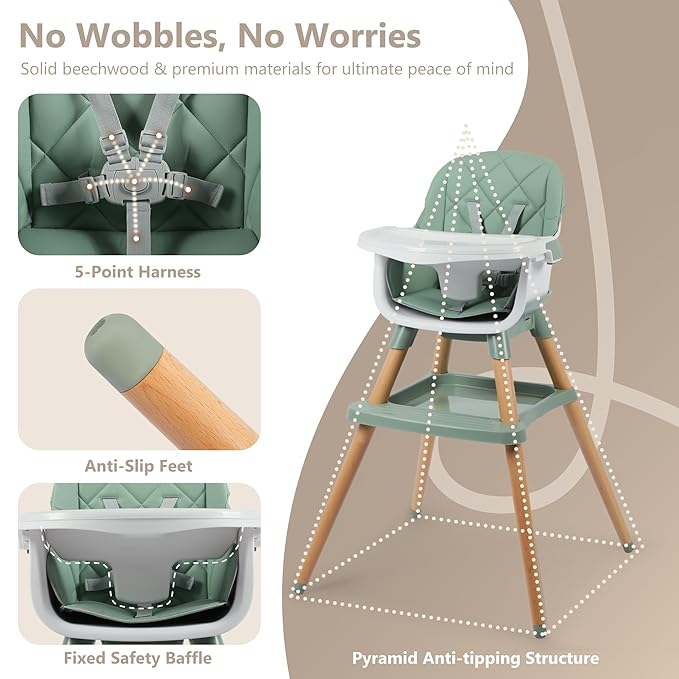 Kinder King 7 in 1 Baby High Chair for Babies and Toddlers with Large Storage Footrest, Booster Seat, Convertible Wooden High Chair with 3-Depth Double Dishwasher Safe Tray, 5 Point Harness, Green