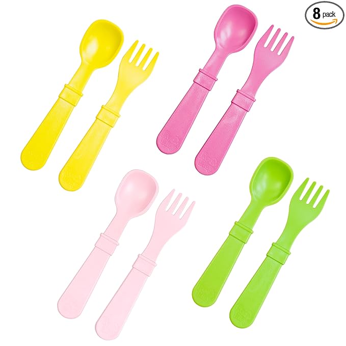 Re-Play Toddler Forks and Spoons Set - 4x4 Toddler Utensils Set - Dishwasher and Microwave Safe - Made in USA - Set of 8-5.8" x 1.2" x 0.2" - Tulip