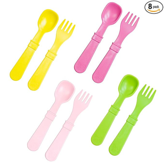 Re-Play Toddler Forks and Spoons Set - 4x4 Toddler Utensils Set - Dishwasher and Microwave Safe - Made in USA - Set of 8-5.8" x 1.2" x 0.2" - Tulip