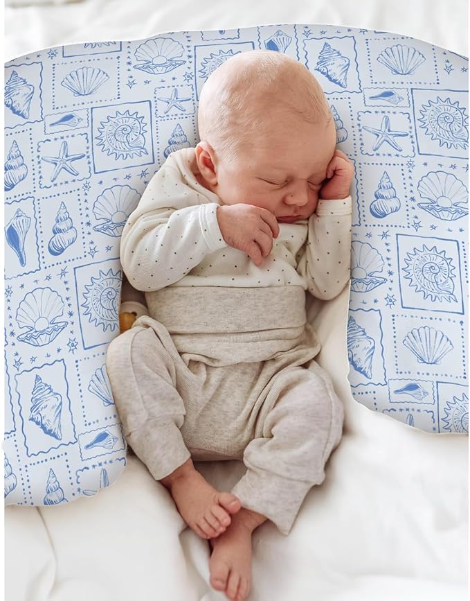 Blue Seashells Baby Nursing Pillow Covers for Boy Girl Boho Beach Conch Nursery Feeding Pillowcase for Breastfeeding Pillows Pastel Summer Coastal Soft Stretchy Removable Cover for Newborn Infant