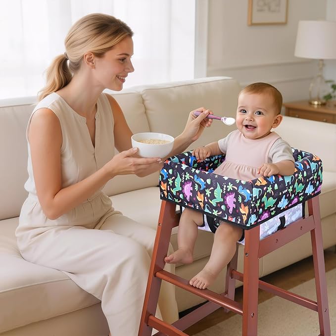 COOLBEBE Baby High Chair Cover with 3-Point Harness, Waterproof & Machine Washable Portable Seat Cover, Fits Wooden Chairs for Restaurant, Travel, Home & Dining Out, Black Dinosaur
