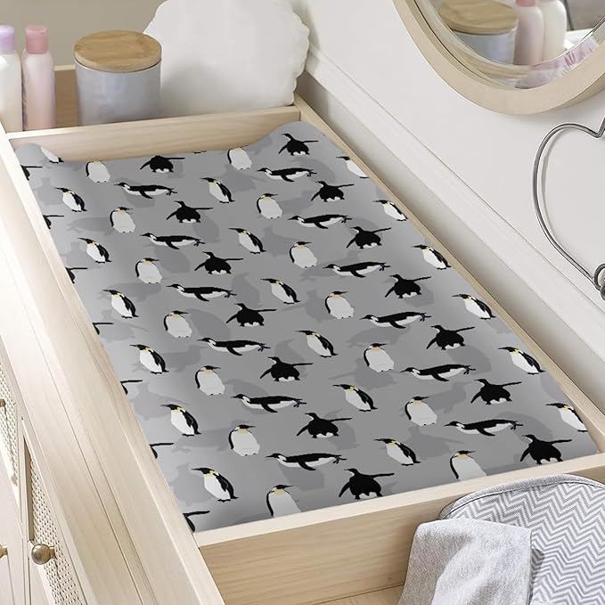 GOSTONG 32"x16" Diaper Changing Table Cover with Animal Penguin Pattern Baby Stretchy Changing Table Mat Cover Protectors with Elastic Bands