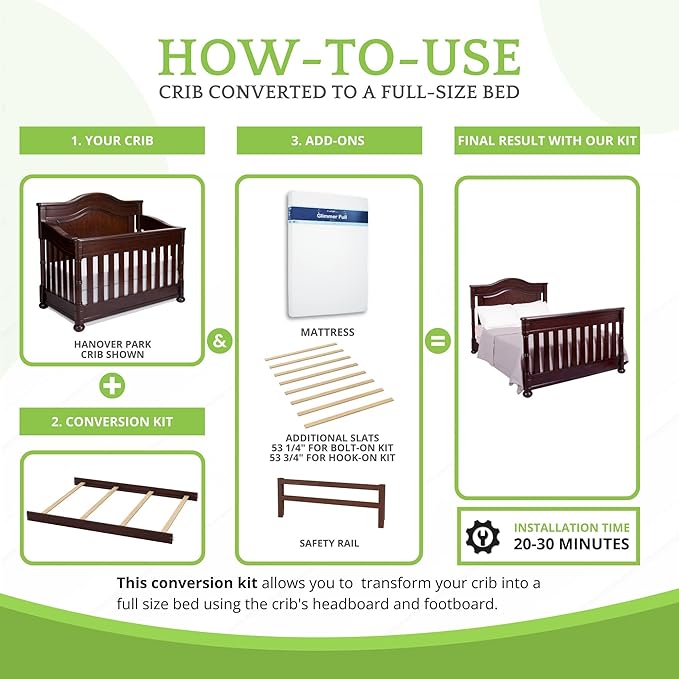 Full-Size Conversion Kit Bed Rails Compatible with Simmons Kids Convertible Cribs by Delta Children - Solid Wood - Toddler & Adult Bed Rail for Full-Size - Nursery Furniture (Molasses, HOOK-ON KIT)