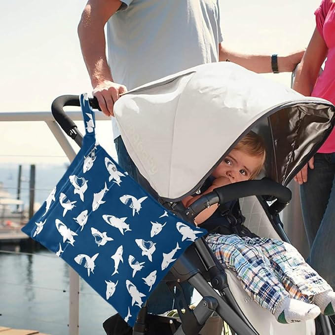 visesunny Fun Shark 2Pcs Wet Bag with Zippered Pockets Washable Reusable Roomy for Travel,Beach,Pool,Daycare,Stroller,Diapers,Dirty Gym Clothes, Wet Swimsuits, Toiletries