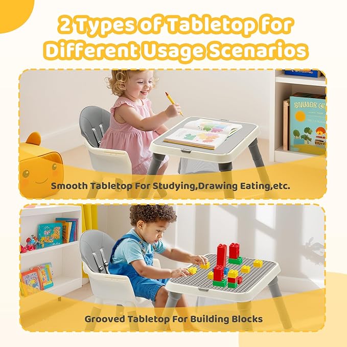 JOYMOR 7 in 1 High Chair for Babies and Toddlers, Convertible Kids Learning Table and Chair with Large Baske for Storage (Gray)