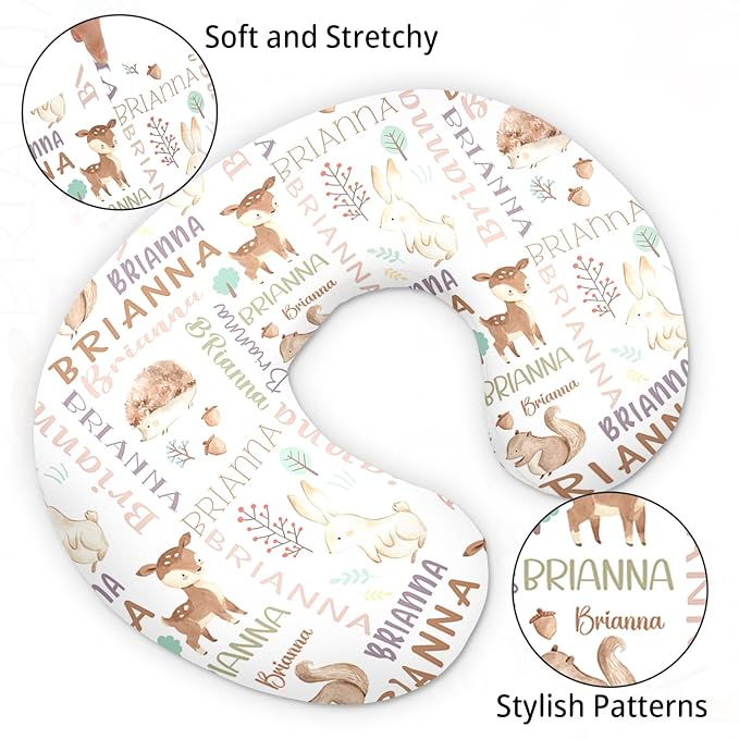 Baby Nursing Pillow Cover - Personalized Name Breastfeeding Pillow Cover with Rabbit Pattern, Stretchy Removable U-Shaped for New Moms, Soft Breathable Slipcover for Infant Boys Girls