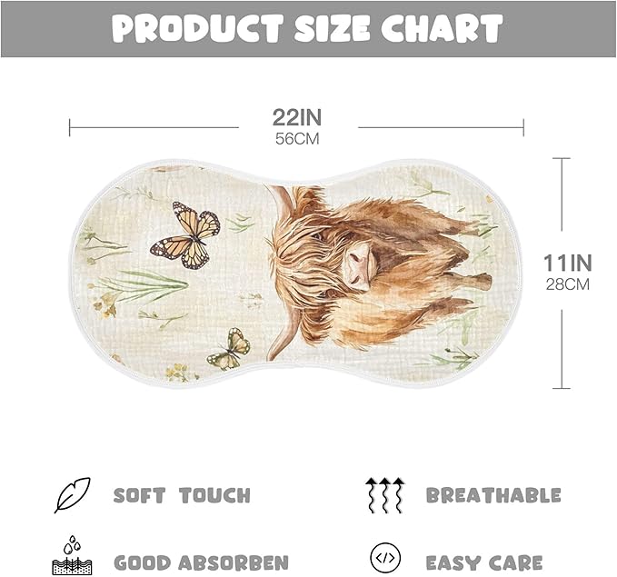 Farm Highland Cow Butterfly Burp Cloths Baby Boys Girls Absorbent Soft Cotton Burping Cloths Rags, 2 Pack