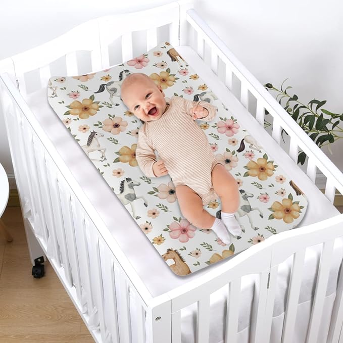 Changing Pad Covers Watercolor Horse Floral Baby Diaper Changing Pad Cover for Boys Girls Soft Breathable Stretch Fitted Diaper Change Table Pad Covers 32''x16'' White