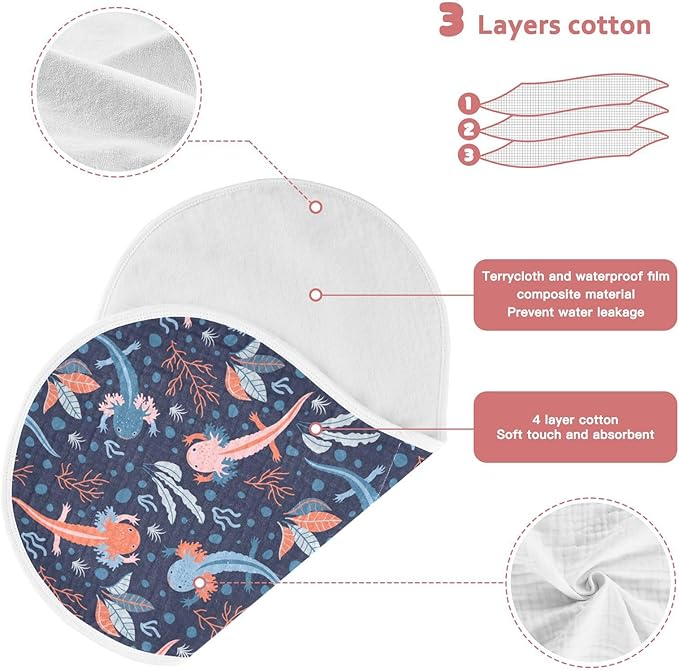 Muslin Burp Cloths for Baby Boys and Girls - 4-Pack Ultra Absorbent Cartoon Axolotl Muslin Washcloths, Newborn Towel, Milk Spit Up Rags, Burp Cloth Bib for Unisex, 22 x 11 Inch