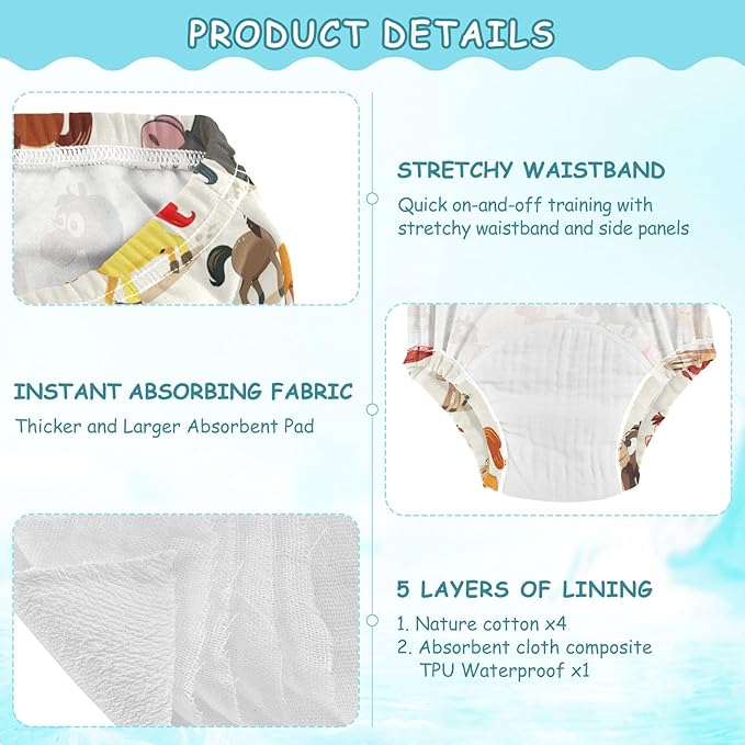 Bolaz Toddler Training Pants, Small Horses Cotton Potty Training Underwear for Baby Boy Girl 3-Pack
