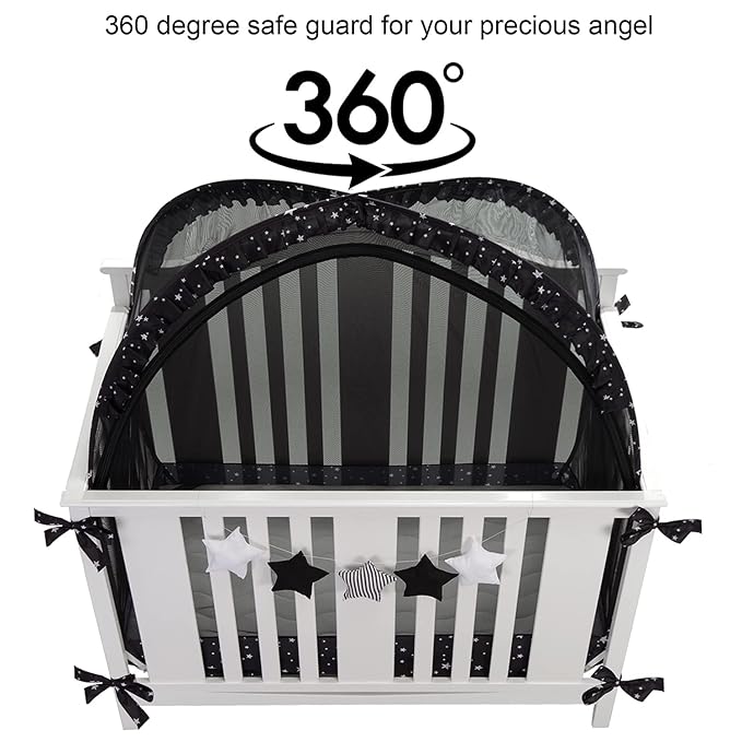 Safety Pop Up Crib Tent Cover to Keep Toddler from Climbing Out - Baby Bed Star Net Canopy with Mesh Organizer