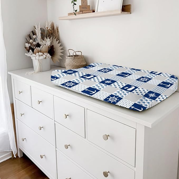 Navy Nautical Life Changing Pad Cover Marine Ocean Lighthouse Compass Whale Changing Table Cover for Baby Boys Girls Soft Breathable Stretchy Fitted Diaper Changing Mat Sheets 32''x16''