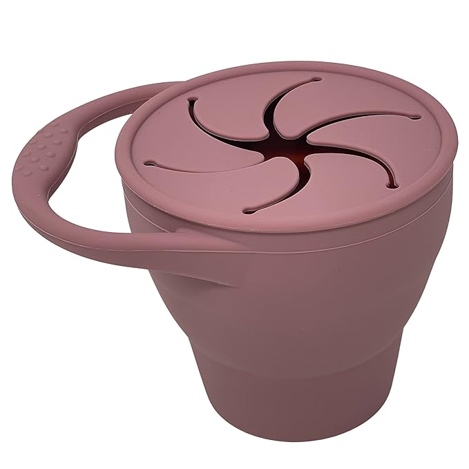 BraveJusticeKidsCo | Snack Attack Snack Cup | Collapsible Silicone Snack Container | Toddler and Baby Snack Catcher Lid (Dusty Rose)