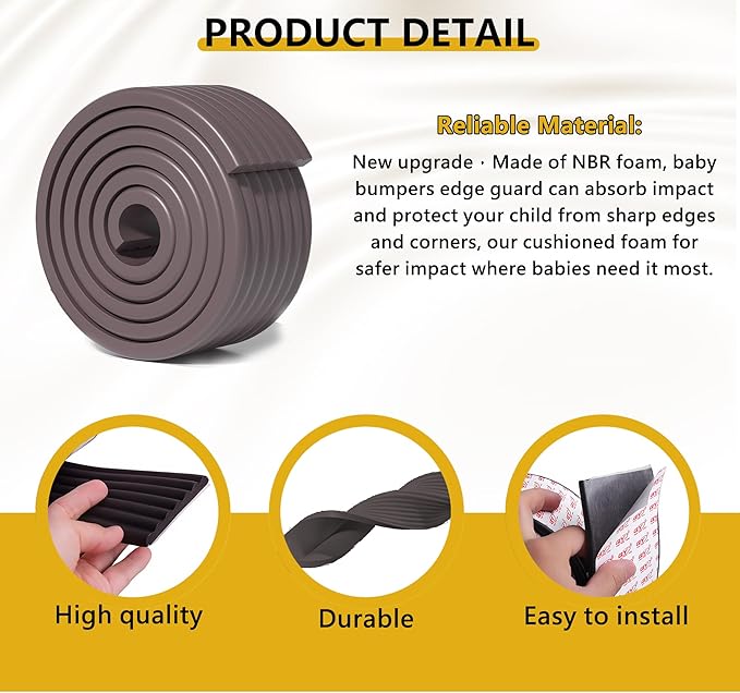 6.5ft Baby Edge Corner Protector, Extra Thick Soft Foam Padding with Strong Adhesive Double Sided Tape, Safety Guards for Sharp Edges of Tables, Desks, Beds, Cabinets Fireplace for Home/Nursery(Brown)