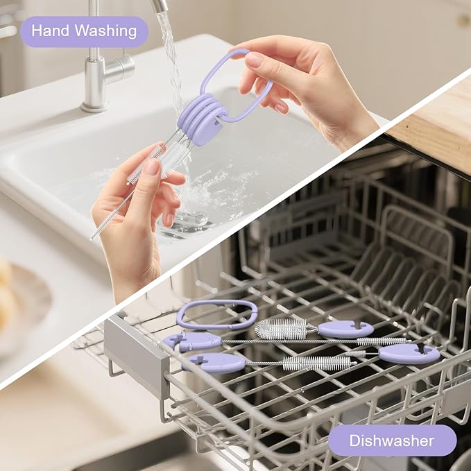 YOTIME 4 in 1 Straw Cleaner Brush Set, Reusable Standing Straw Brushes with Holder Ring, for Baby Bottles, Sippy Cups and Lids, Purple