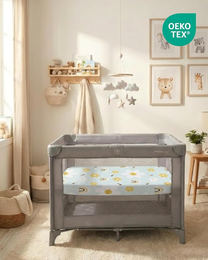 Pack and Play Sheets Fitted - 2 Pack Mini Crib Sheets for Pack N Play Mattress - Unisex Playard Microfiber Bedding for Boys & Girls - Breathable & Wrinkle Free - Oeko-Tex, 38 x 26in - Rainbow Bloom