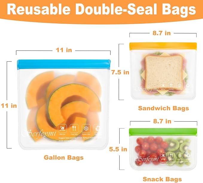 Serfeymi 10 Pack Reusable Gallon Freezer Bags Dishwasher Safe, Extra Thick Reusable Plastic Bags BPA Free, Leak Proof Food Storage Bags with 3 Sizes for Meat, Travel - 2 Gallon 4 Sandwich 4 Snack