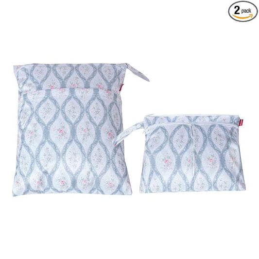 Damero 2 Pcs Wet Dry Bag for Cloth Diaper, Swimsuit, Clothes, Water-Resistant Reusable Wet Bag for Travel, Exercise, Beach, Pool, Daycare, Spiral Flowers