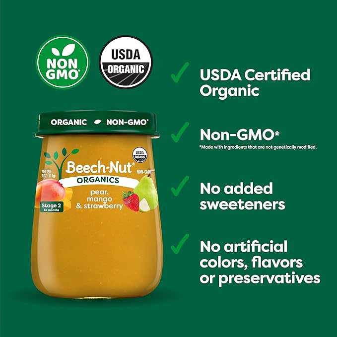 Beech-Nut Organic Baby Food Jars, Organic Pear Mango & Strawberry Baby Puree, Stage 2 for Babies 6 Months and Up, Non-GMO, 4oz Glass Baby Food Jars, 10ct