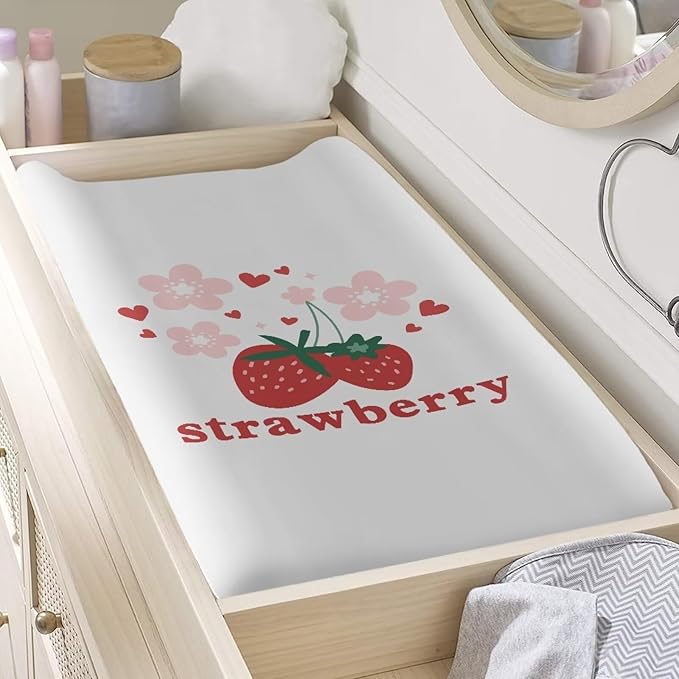 Breathable Diaper Changing Pad Cover for Baby Girls and Boys, Soft Changing Table Sheets 16 * 32 Inches, Strawberry