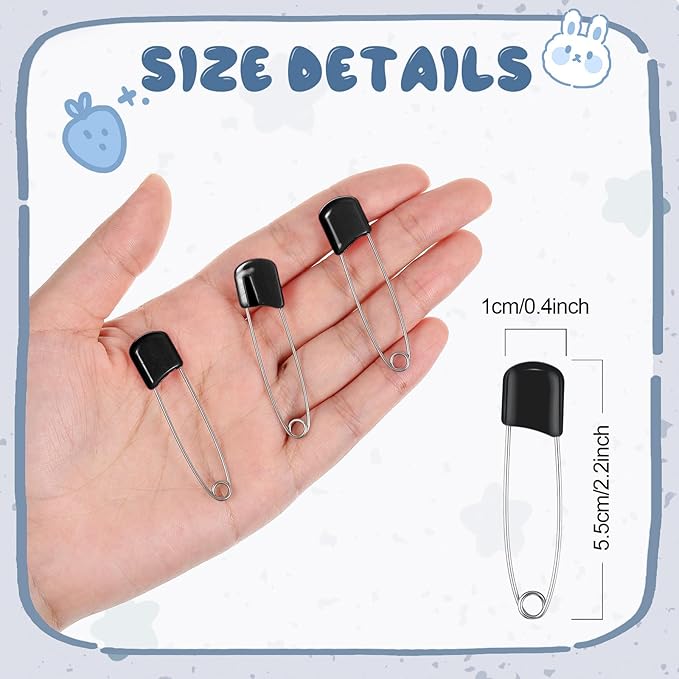 WILLBOND 100 Pcs Safety Pins 2.2 Inch Plastic Head Cloth Pins with Locking Closures Stainless Steel with Velvet Bag, Black
