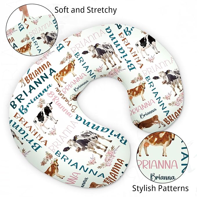 Baby Nursing Pillow Cover - Personalized Name Breastfeeding Pillow Cover with Cow Pattern, Stretchy Removable U-Shaped for New Moms, Soft Breathable Slipcover for Infant Boys Girls