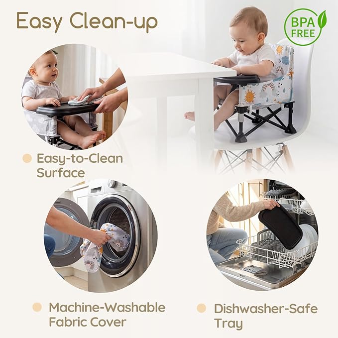 Toddler Booster Seat for Kitchen Chair & Travel - Portable Foldable with Removable Tray, Baby Camping Chair 6-36 Months Indoor Outdoor (White Cloud Design)
