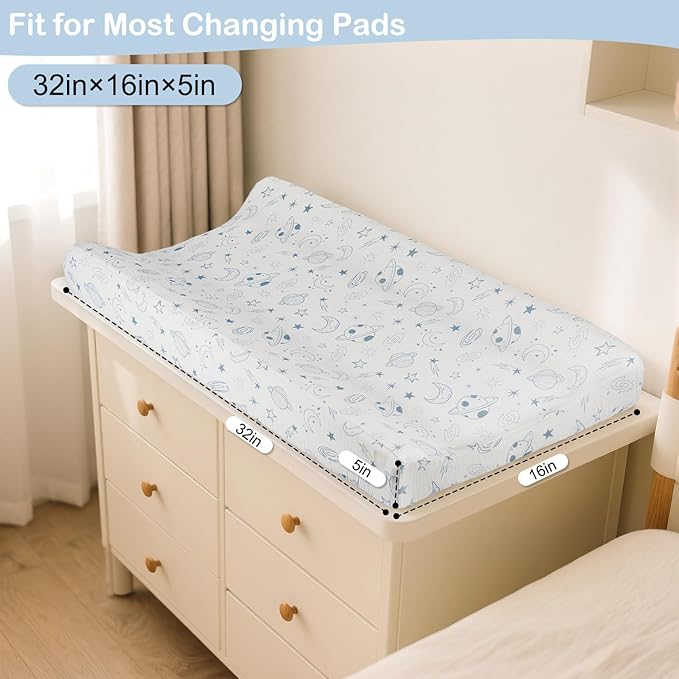 Basumee Muslin Changing Pad Cover Waterproof 2 Pack Baby Changing Table Covers for Boys and Girls Soft Breathable Nursery Diaper Change Table Cover Pad Fits 32"x16", Blue Planet