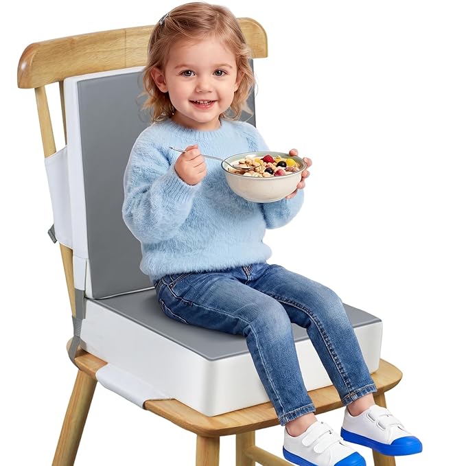 Booster Seat for Kitchen Chair - Toddler Booster Seat for Dining Table - PU Washable Double-Safety Straps with Buckle, Kids Portable Outdoor Booster Seat (Grey)