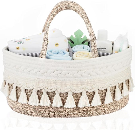 Macrame Diaper Caddy Organizer Cotton Rope Basket Boho Nursery Decor Cute Woven Tassel Portable Diaper Organizer for Changing Table Baby Shower Gifts for Newborn Essentials