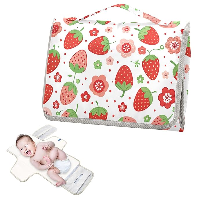 Portable Changing Pad for Baby - Strawberry Waterproof Diaper Changing Mat Travel Changing Pad with Built-in Pillow - Shower Gift for Baby