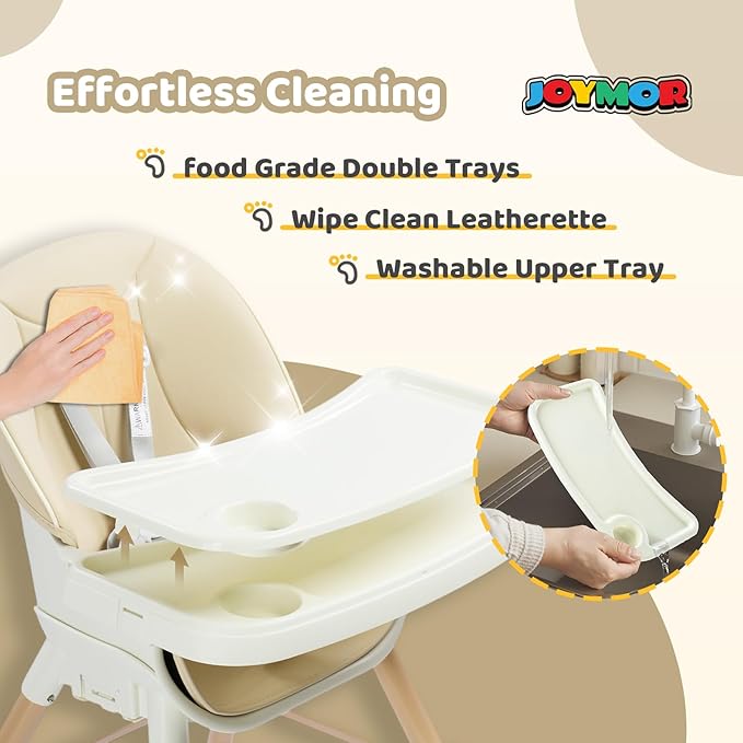 JOYMOR 5 in 1 Convertible Baby High Chair, Highchair for Babies and Toddlers, Easy Clean, Infant Highchair with Removable Double Tray & 5-Point Harness (Beige)