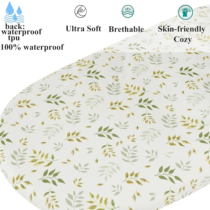 Waterproof Bassinet Sheets, No Need for Bassinet Mattress Pad Cover, 2 Pack Stretch Jersey Knit Super Soft fit for Cradle Oval Rectangle Hourglass Mattress Green Botanical Leaf & Dots