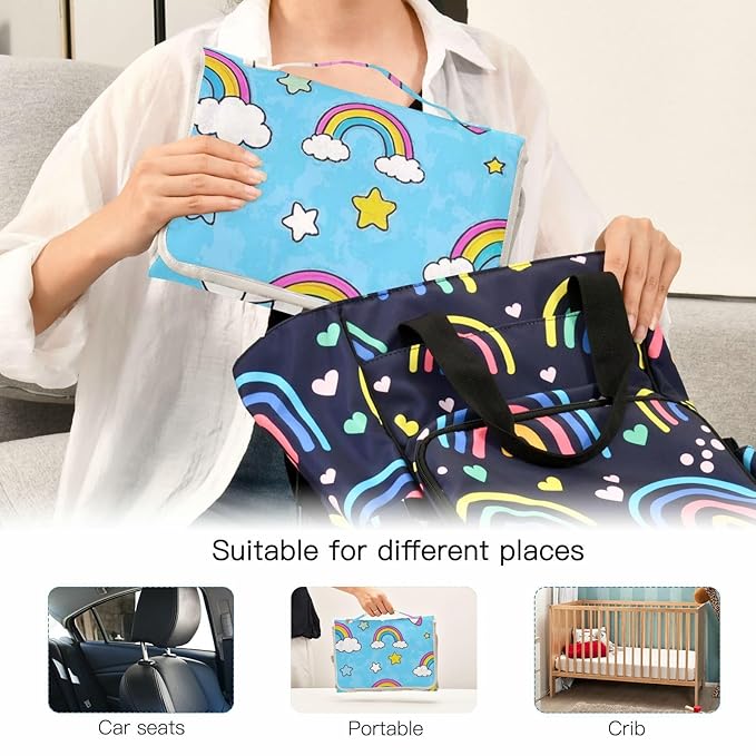 Cartoon Cute White Rainbow Unicorns Reusable Changing Table pad with Tissue Pocket Diaper mat Changing pad Travel Lightweight & Foldable Changing Station cambiador de pa?ales para Bebes