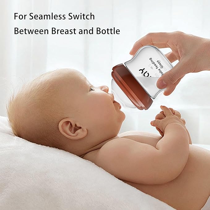 yanyoyo Natural Glass Baby Bottle for Breastfeeding Babies, 3oz Newborn Anti-Colic Baby Bottle with Slow Flow Nipples (SS), Clear, Wide Neck, 4 Pack, 0 Months+