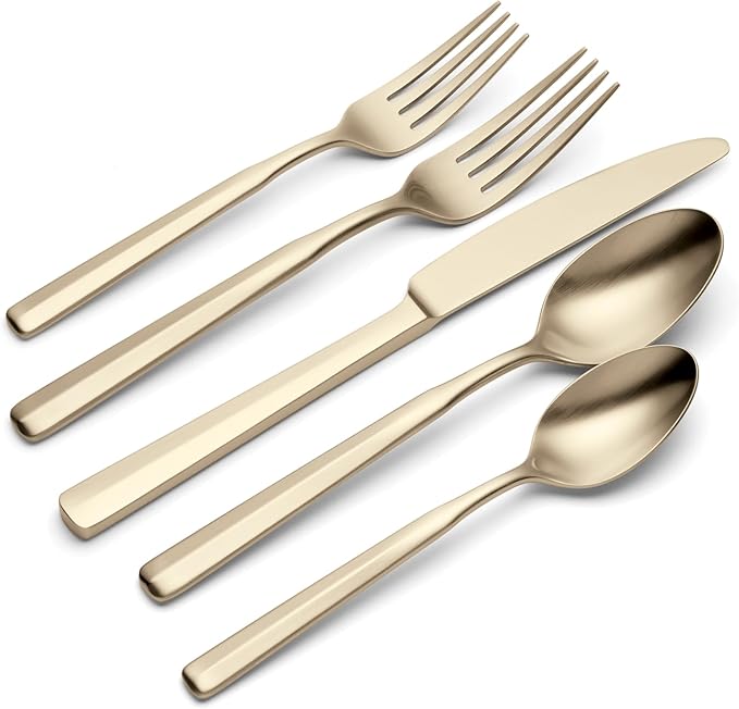 Oneida Silverware Set, Ryder Satin Champagne 20-Piece Flatware Set, Service For 4, 18/0 Stainless Steel, Dishwasher Safe, Cutlery Sets, Kitchen Utensils Sets, Knives Spoons & Forks (Gold, 20 Pieces)